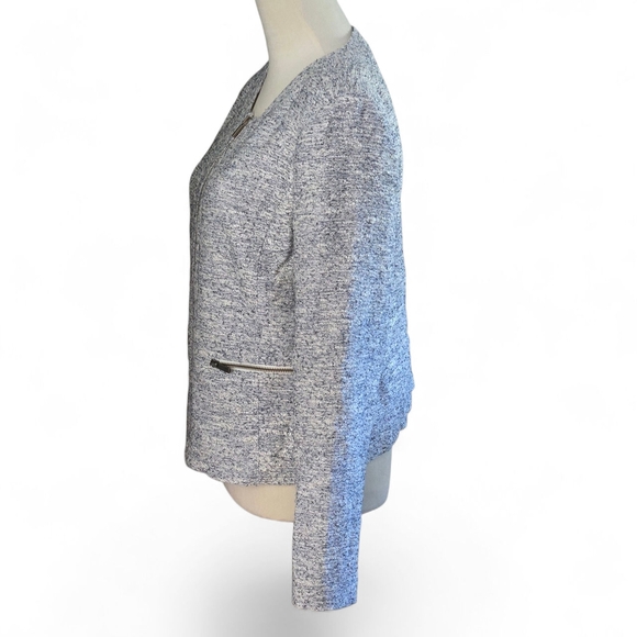 Halogen Women's L Textured Blue & White Bouclé Tweed Blazer Jacket Full Zip - Picture 2 of 16